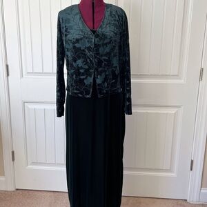 Deep Green Polyester Velvet Dress with matching velvet burnout jacket.